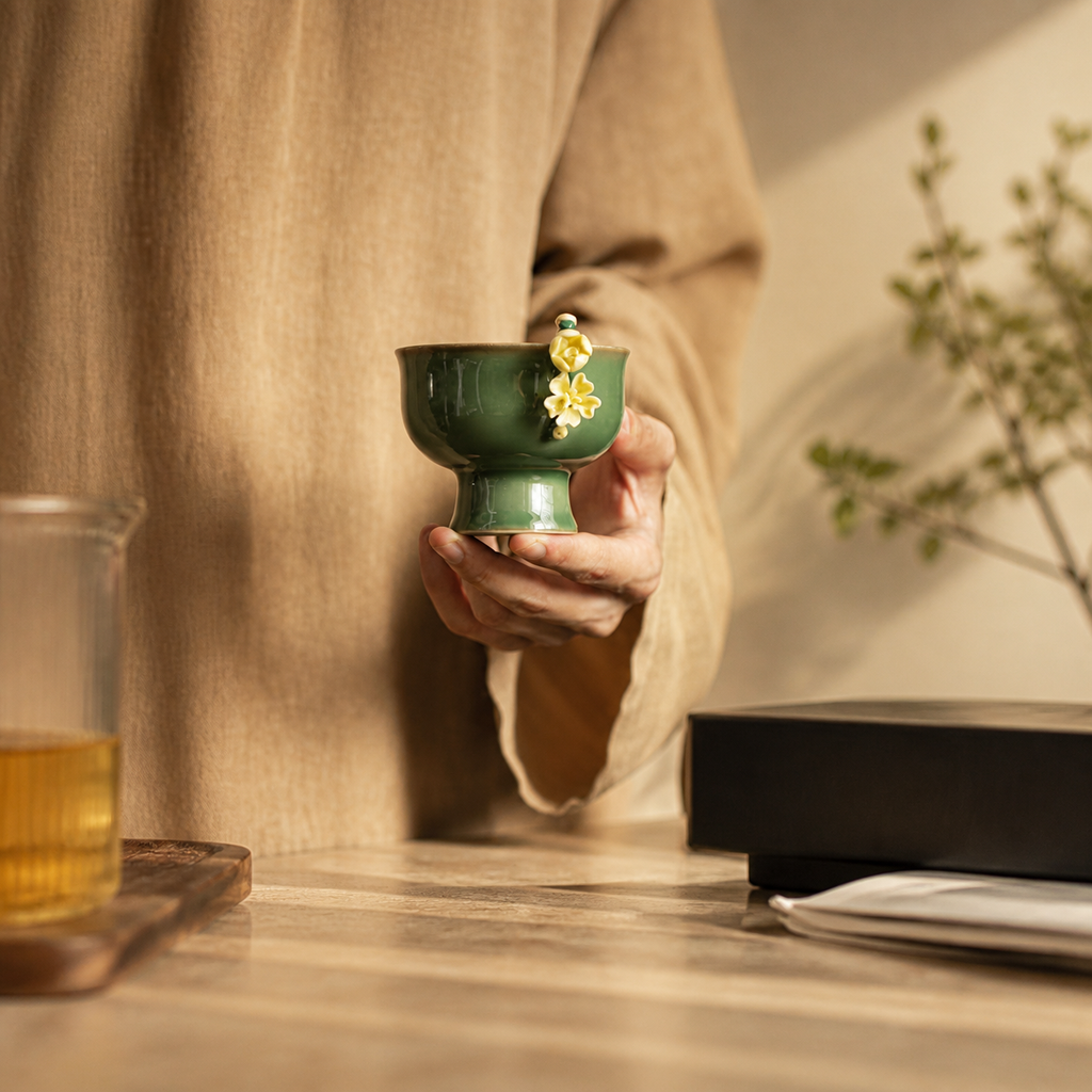 Green Ceramic Tea Cup – Vintage Floral High Foot Chinese Gongfu Tea Cup