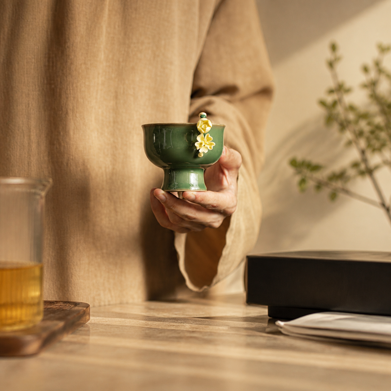 Green Ceramic Tea Cup – Vintage Floral High Foot Chinese Gongfu Tea Cup
