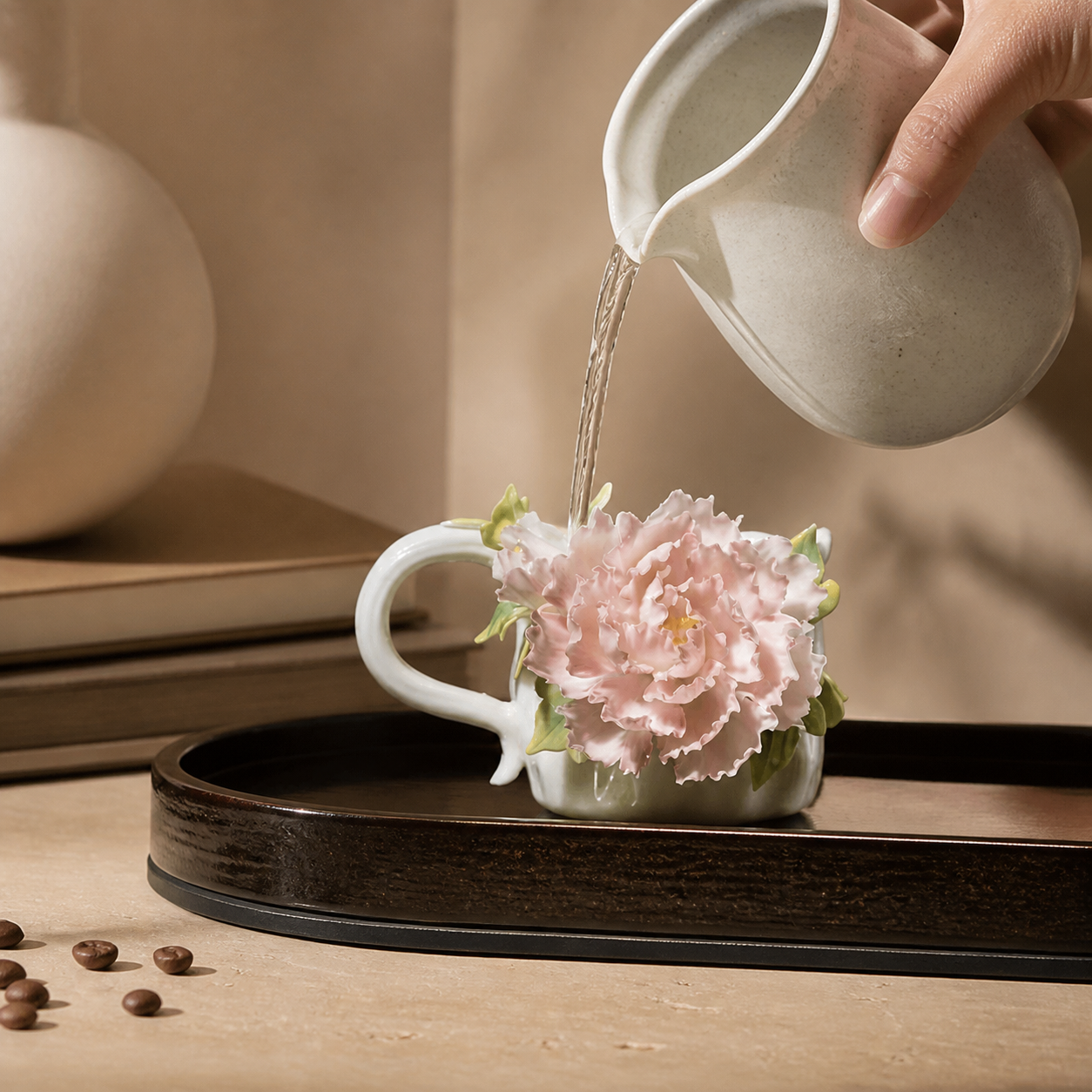 Handmade Pink Peony Ceramic Mug – 3D Floral Coffee Cup, Sculpted Flower Tea Cup, Artisan Botanical Drinkware
