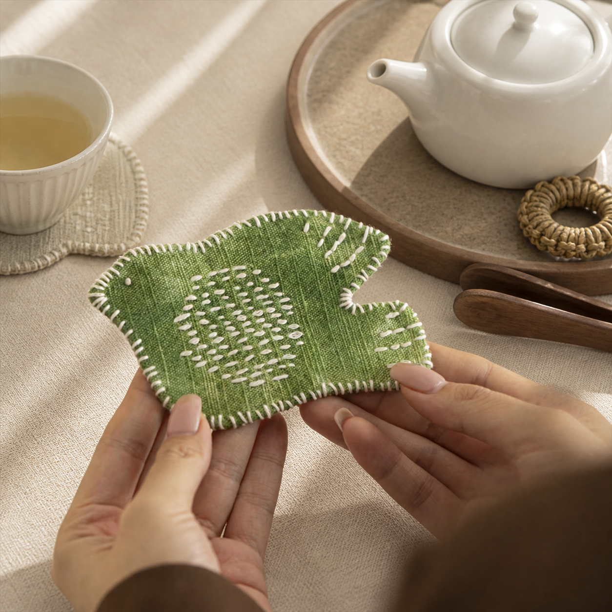 Hand Embroidered Swallow Mug Rug – Cotton Linen Bird Coaster & Heat Resistant Tea Cup Mat