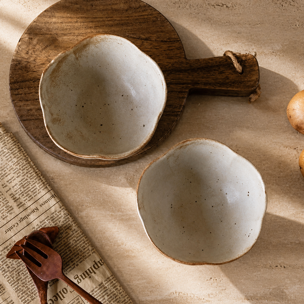 Japanese Ceramic Rice Bowl – Rustic Wabi Sabi Flower Shaped Bowl