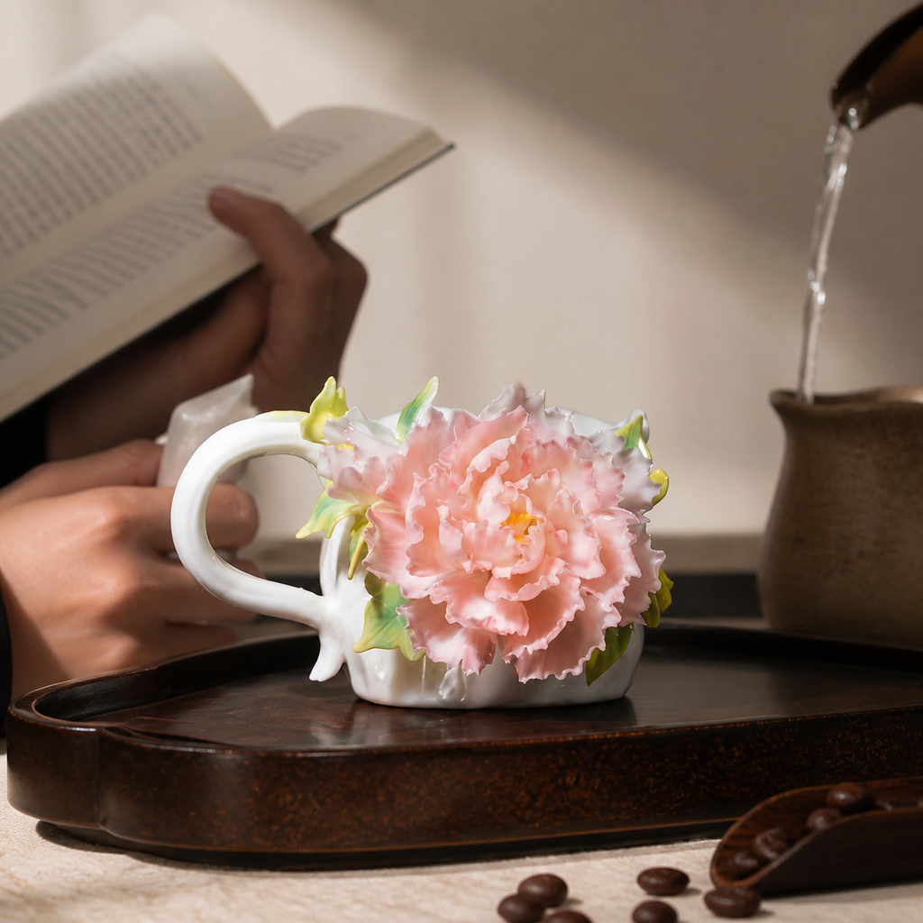 Handmade Pink Peony Ceramic Mug – 3D Floral Coffee Cup, Sculpted Flower Tea Cup, Artisan Botanical Drinkware