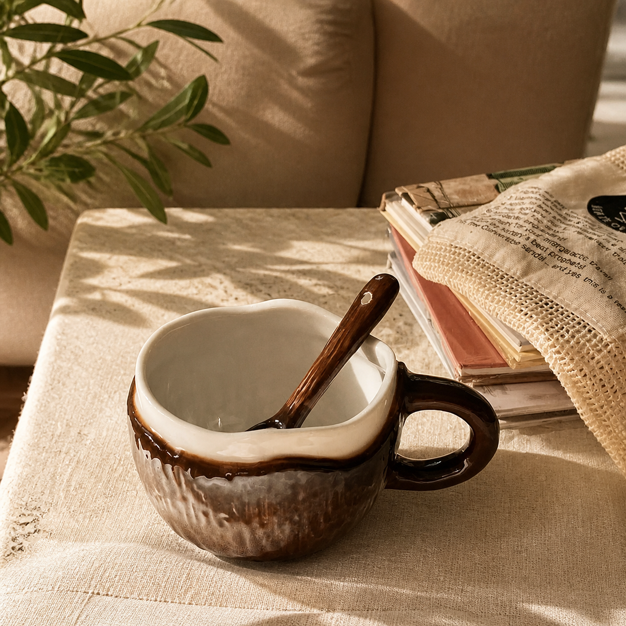 Coconut Ceramic Mug – Tropical Coffee Cup with Spoon and Gift Box