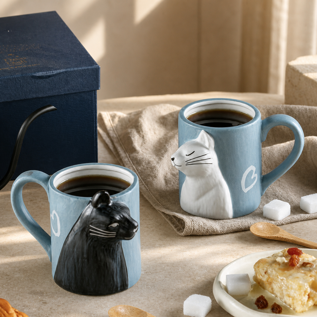 Cat Couple Ceramic Mug Set – Cute 3D Cat Coffee Cups Gift Set for Couples