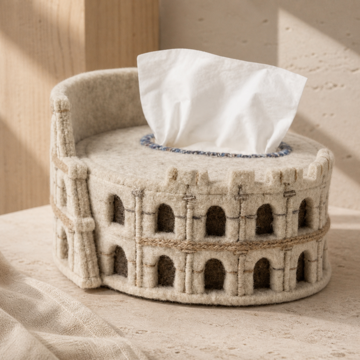 Colosseum Tissue Box Cover – Roman Architecture Felt Tissue Holder, Vintage Sculptural Home Decor