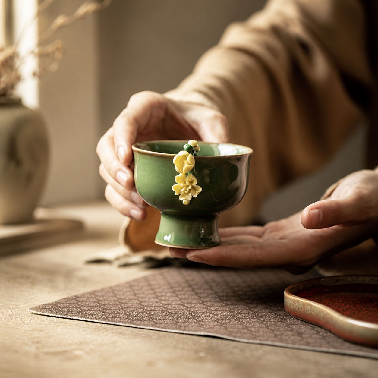 Green Ceramic Tea Cup – Vintage Floral High Foot Chinese Gongfu Tea Cup