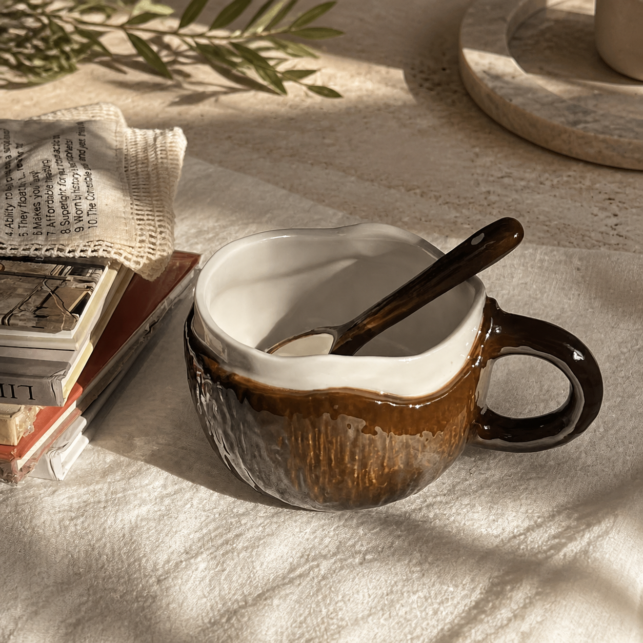 Coconut Ceramic Mug – Tropical Coffee Cup with Spoon and Gift Box