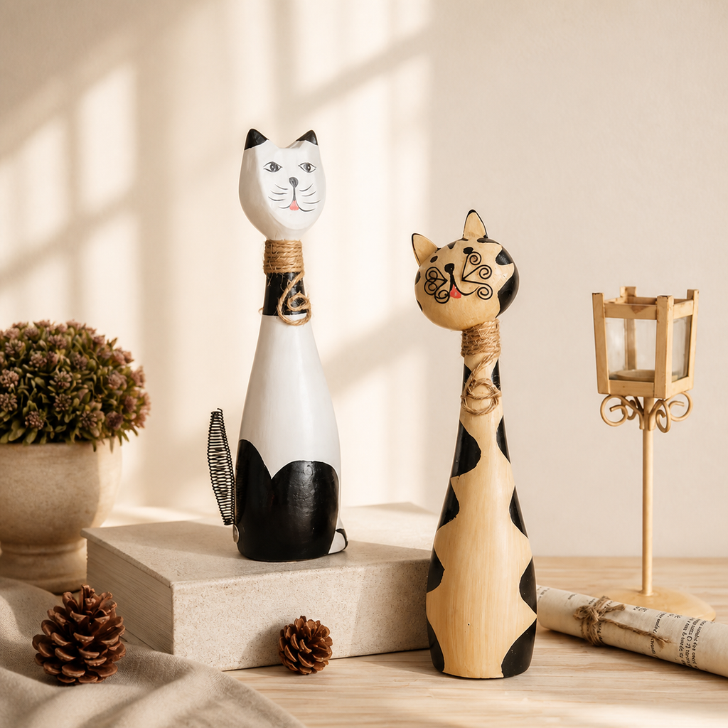 Set of 2 Wooden Cat Figurines – Hand Painted Couple Cat Decor, Rustic Whimsical Shelf & Tabletop Decoration