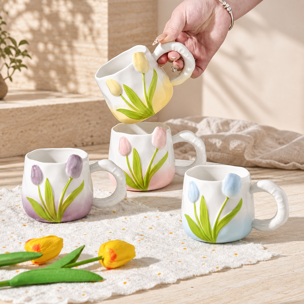 Tulip Ceramic Mug – 400ml Hand Painted Floral Coffee Cup