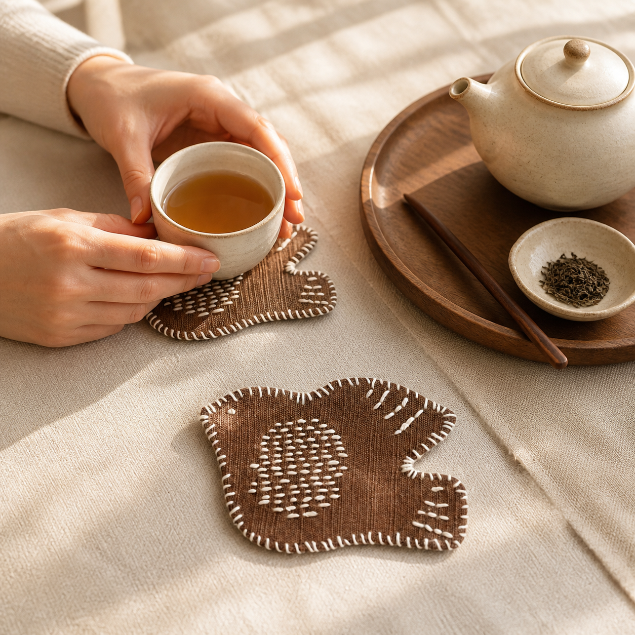 Hand Embroidered Swallow Mug Rug – Cotton Linen Bird Coaster & Heat Resistant Tea Cup Mat