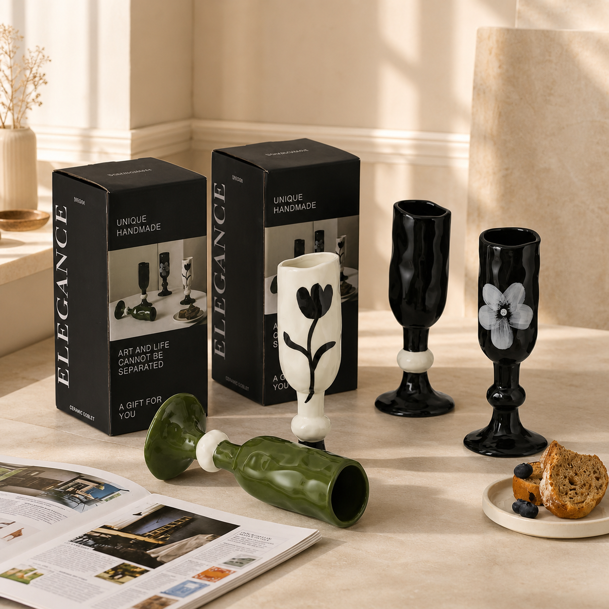 Hand Painted Ceramic Goblet – 230ml Floral Art Wine Cup, Sculptural Decorative Drinking Glass, Gift Box Included