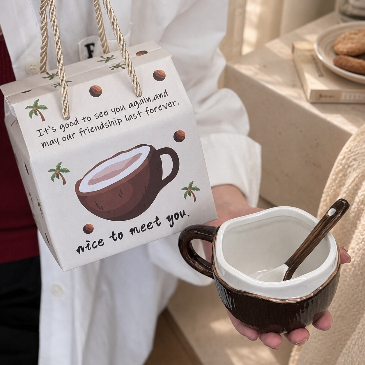 Coconut Ceramic Mug – Tropical Coffee Cup with Spoon and Gift Box