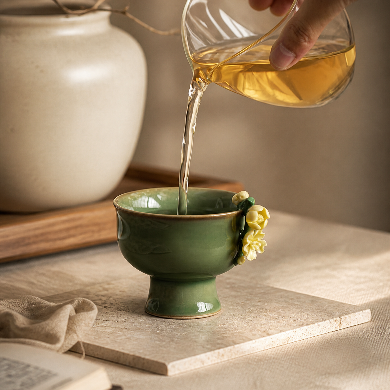 Green Ceramic Tea Cup – Vintage Floral High Foot Chinese Gongfu Tea Cup