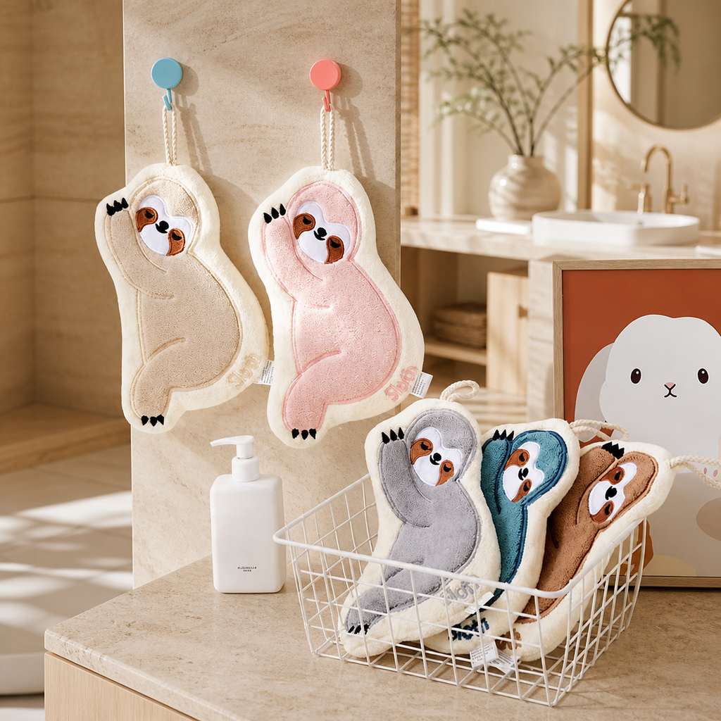 Cute Sloth Hanging Hand Towel – Soft Absorbent Kitchen & Bathroom Towel with Hook, Cartoon Animal Hand Drying Towel