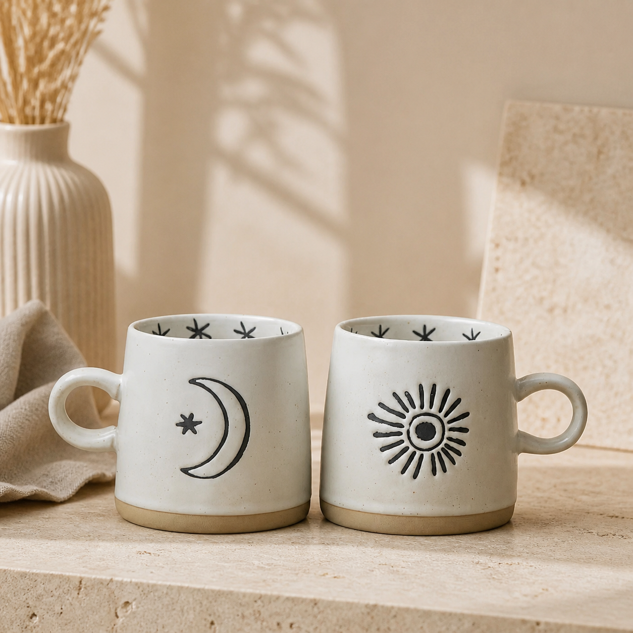Celestial Ceramic Mug – 400ml Sun Moon Star Rustic Coffee Cup