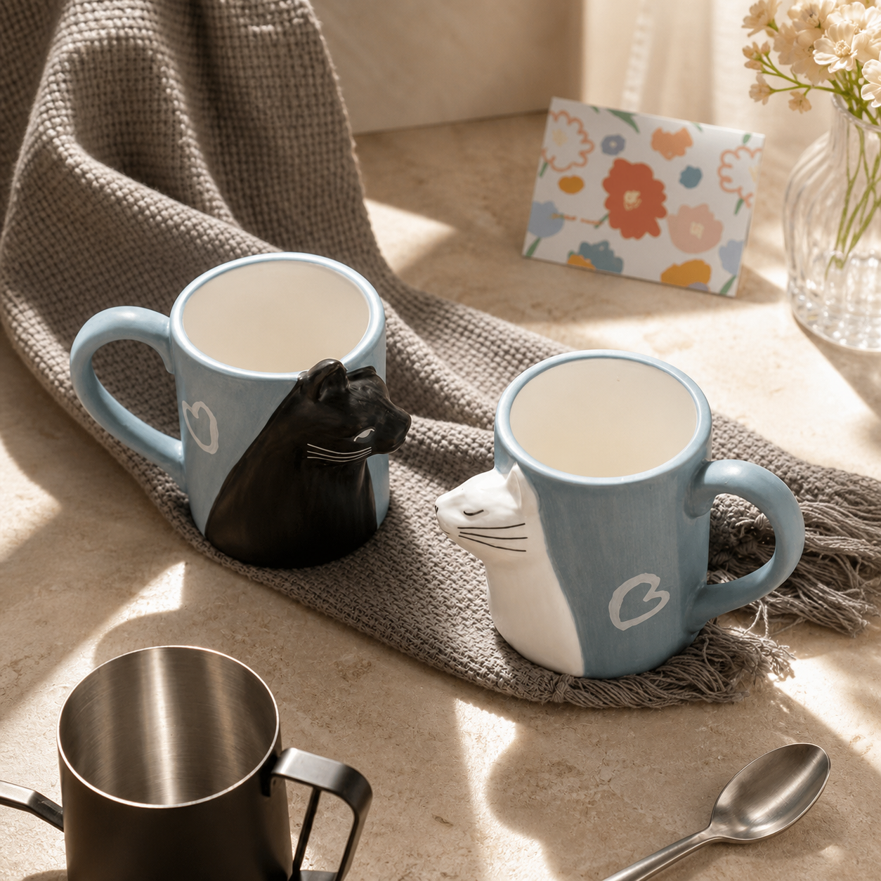 Cat Couple Ceramic Mug Set – Cute 3D Cat Coffee Cups Gift Set for Couples