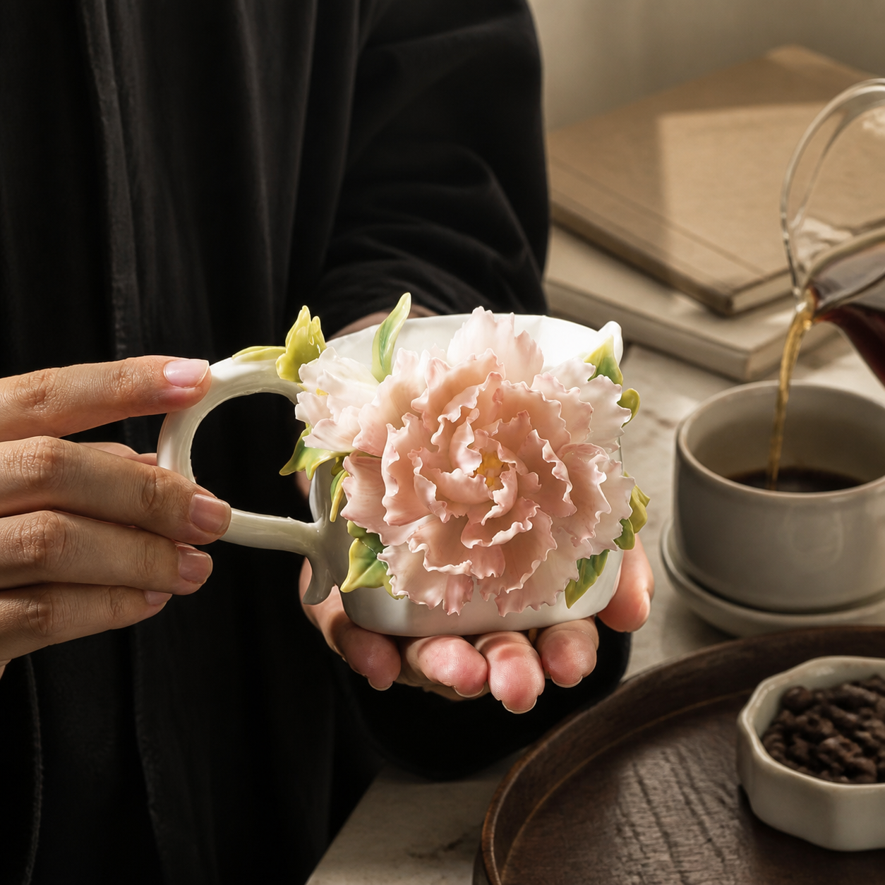 Handmade Pink Peony Ceramic Mug – 3D Floral Coffee Cup, Sculpted Flower Tea Cup, Artisan Botanical Drinkware