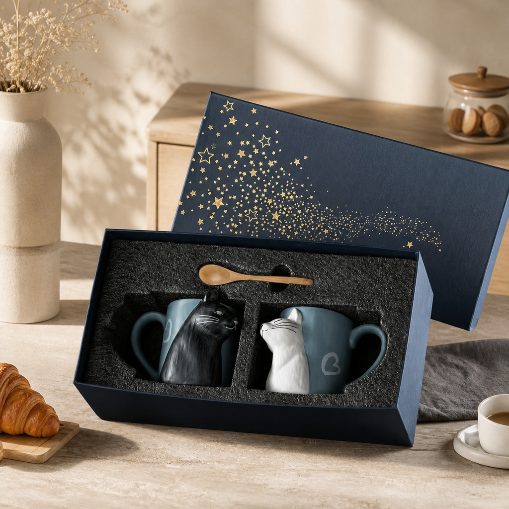 Cat Couple Ceramic Mug Set – Cute 3D Cat Coffee Cups Gift Set for Couples