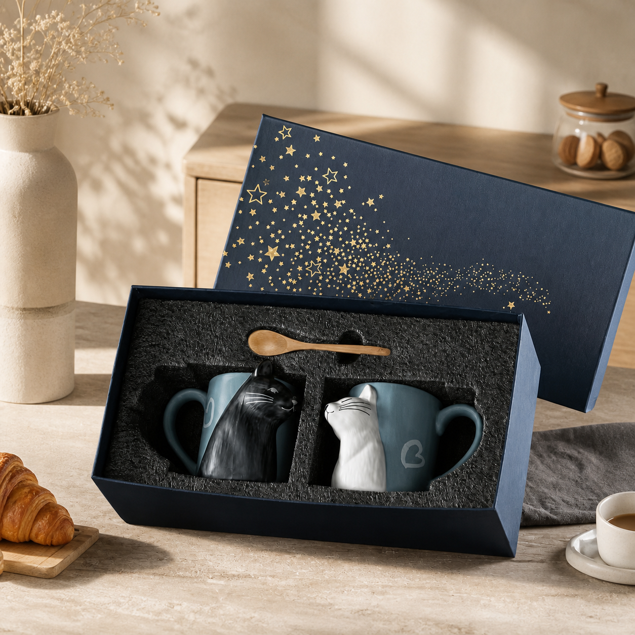 Cat Couple Ceramic Mug Set – Cute 3D Cat Coffee Cups Gift Set for Couples