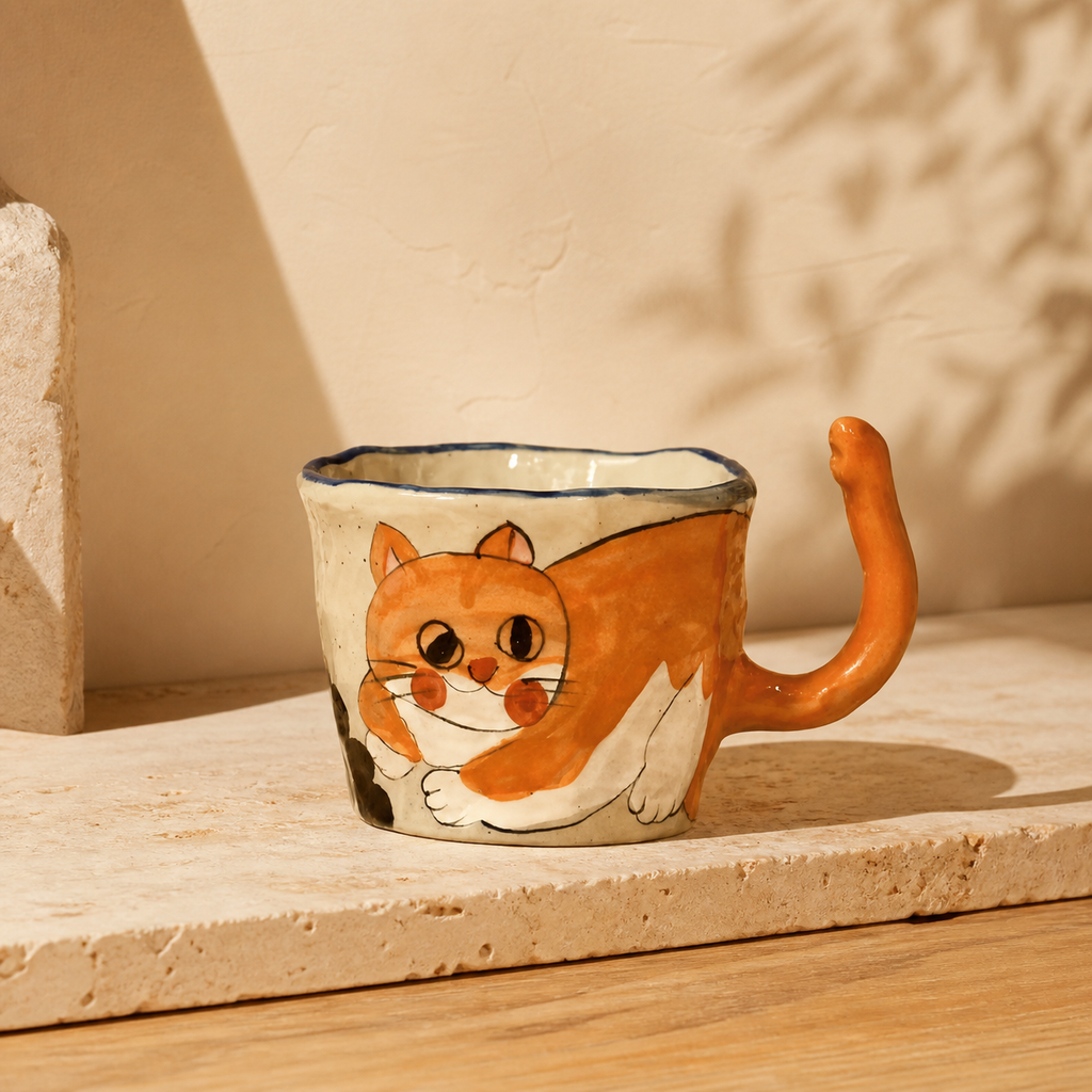 Hand Painted Cat Ceramic Mug – 245ml Cute Animal Coffee Cup with Tail Handle & Spoon, Whimsical Gift for Cat Lovers