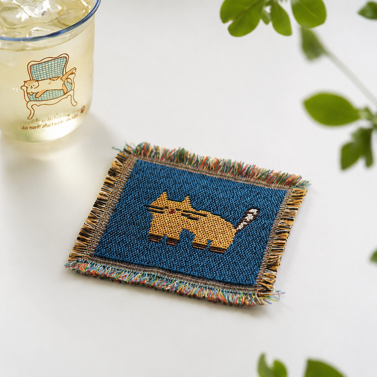 Cat Woven Coaster – Blue Artisan Table Coaster
