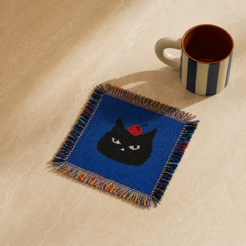 Black Cat Woven Coaster – Blue Artisan Table Accent
