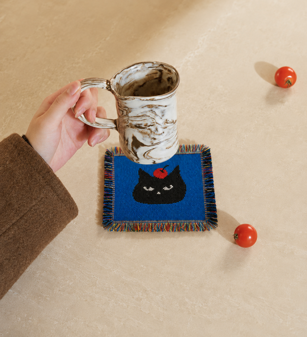 Black Cat Woven Coaster – Blue Artisan Table Accent