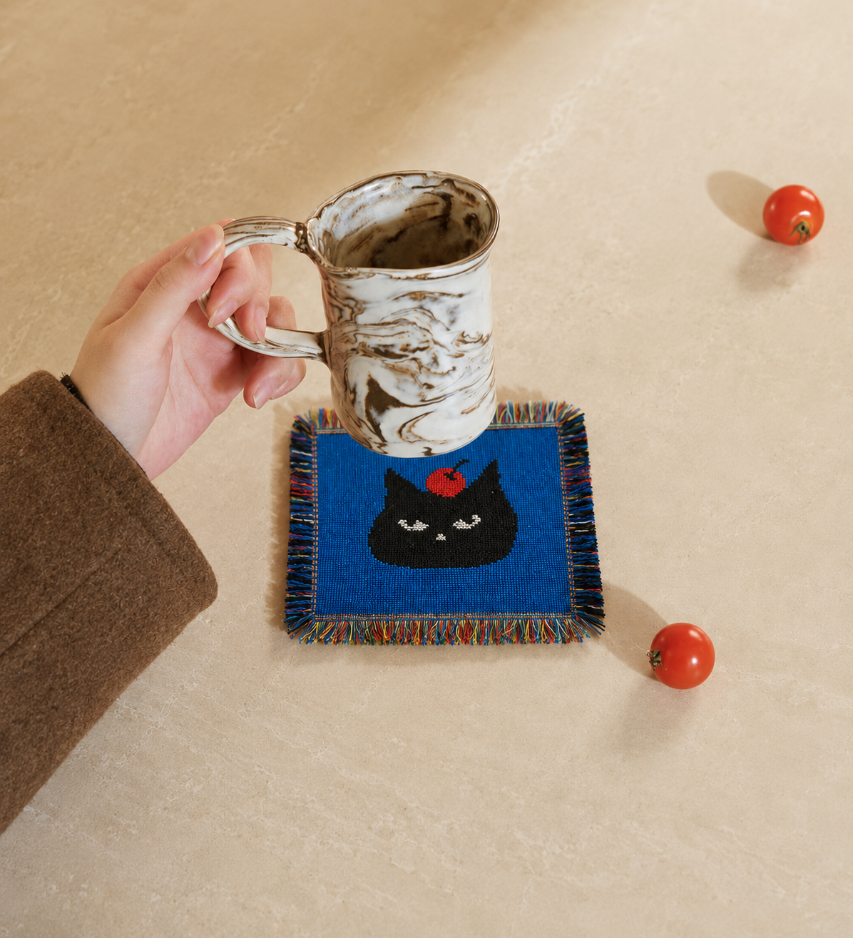 Black Cat Woven Coaster – Blue Artisan Table Accent