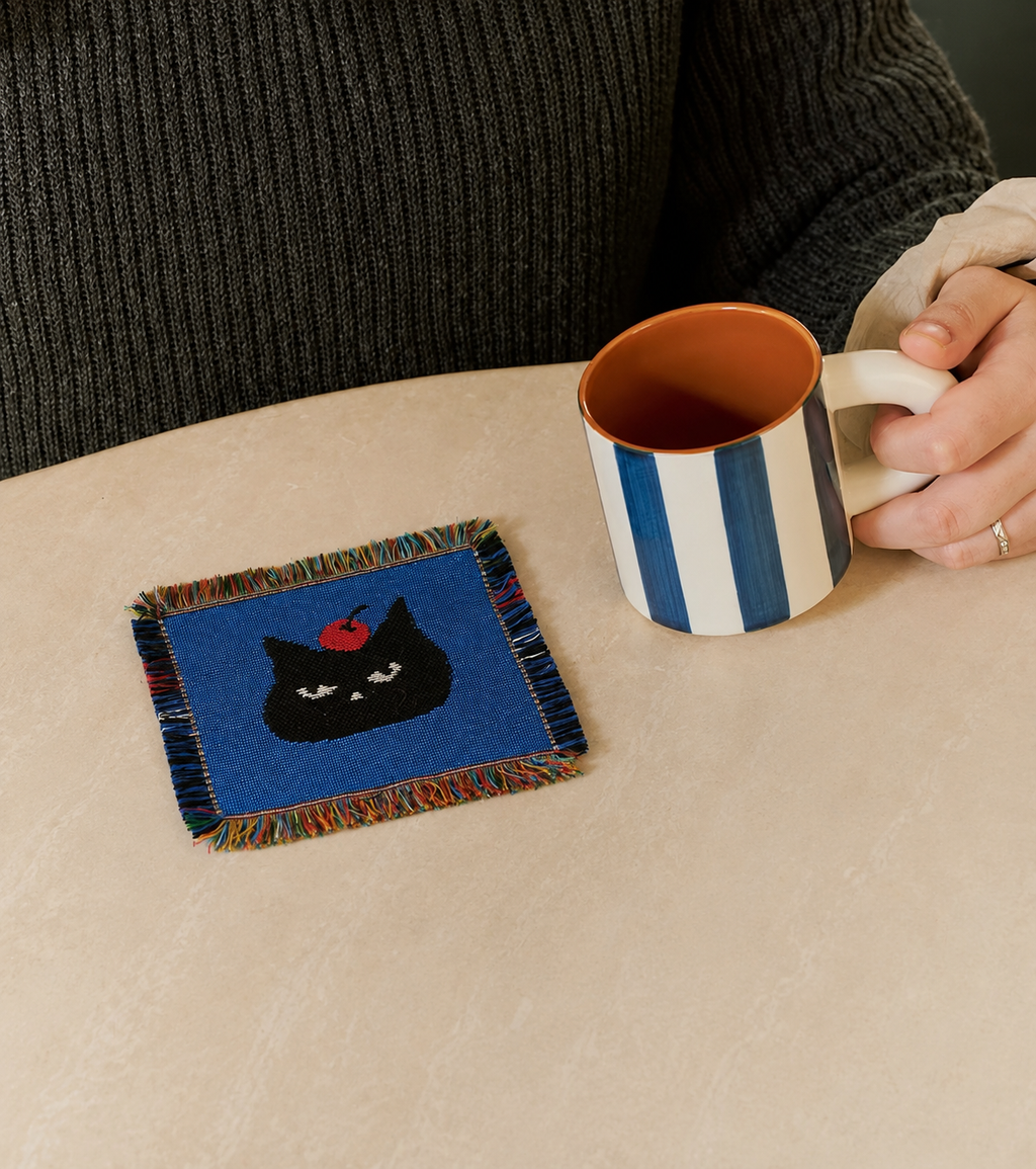 Black Cat Woven Coaster – Blue Artisan Table Accent