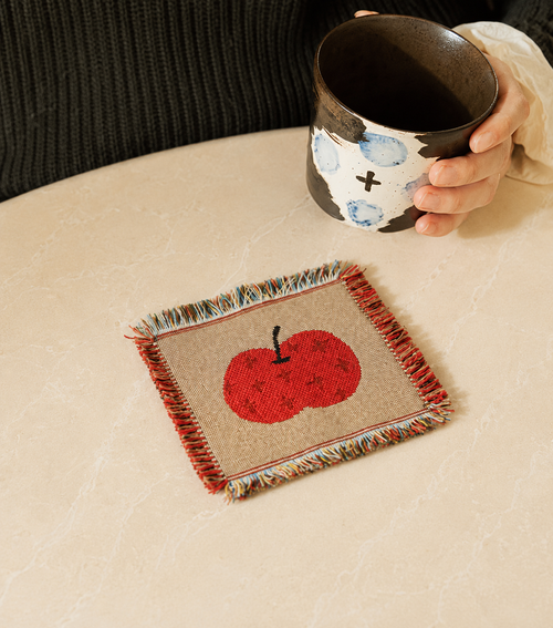 Apple Mug Rug, Woven Apple Coaster with Fringe, Fruit Coaster, Handmade Tapestry Mug Rug, Cottagecore Kitchen Decor Gift