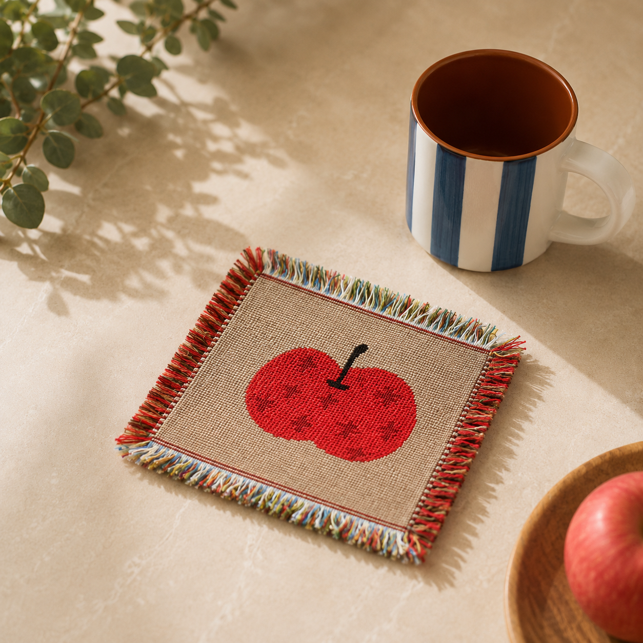 Apple Mug Rug, Woven Apple Coaster with Fringe, Fruit Coaster, Handmade Tapestry Mug Rug, Cottagecore Kitchen Decor Gift