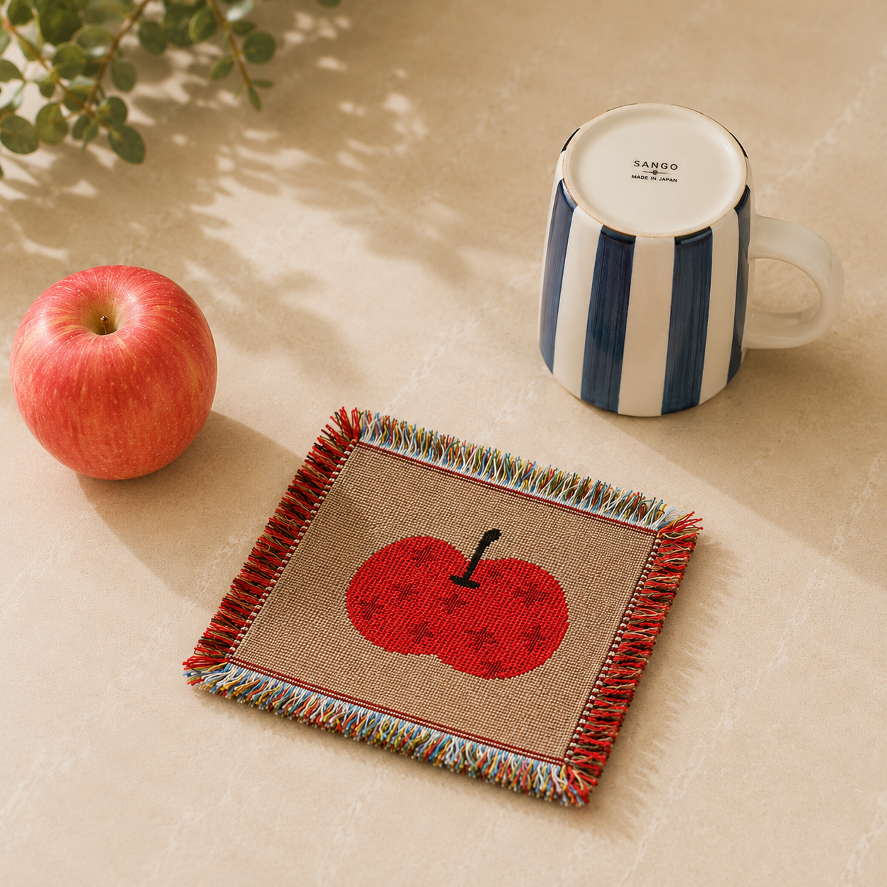Apple Mug Rug, Woven Apple Coaster with Fringe, Fruit Coaster, Handmade Tapestry Mug Rug, Cottagecore Kitchen Decor Gift