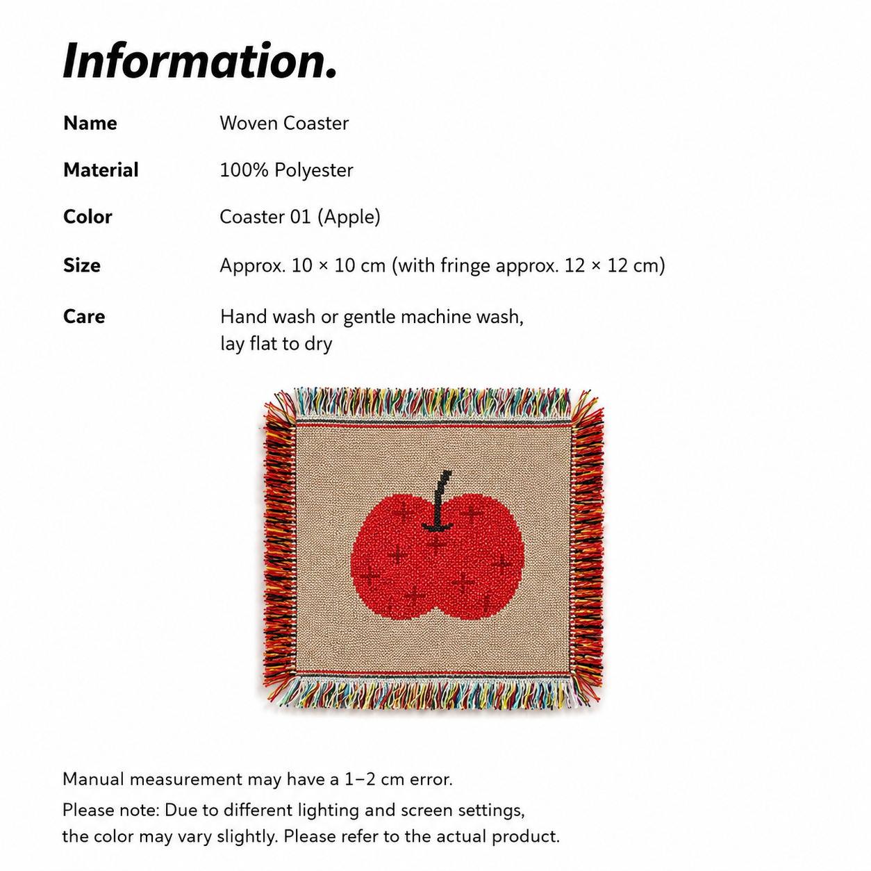 Apple Mug Rug, Woven Apple Coaster with Fringe, Fruit Coaster, Handmade Tapestry Mug Rug, Cottagecore Kitchen Decor Gift