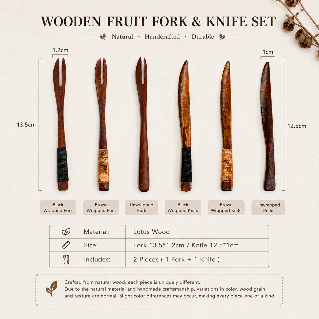 Wooden Fruit Fork & Knife Set – Natural Lotus Wood Tableware Set