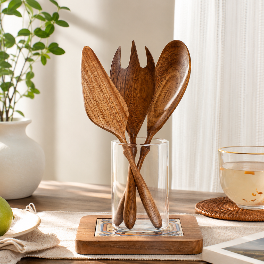 Acacia Wood Serving Spoon Set – Handcrafted Minimal Kitchen Utensils