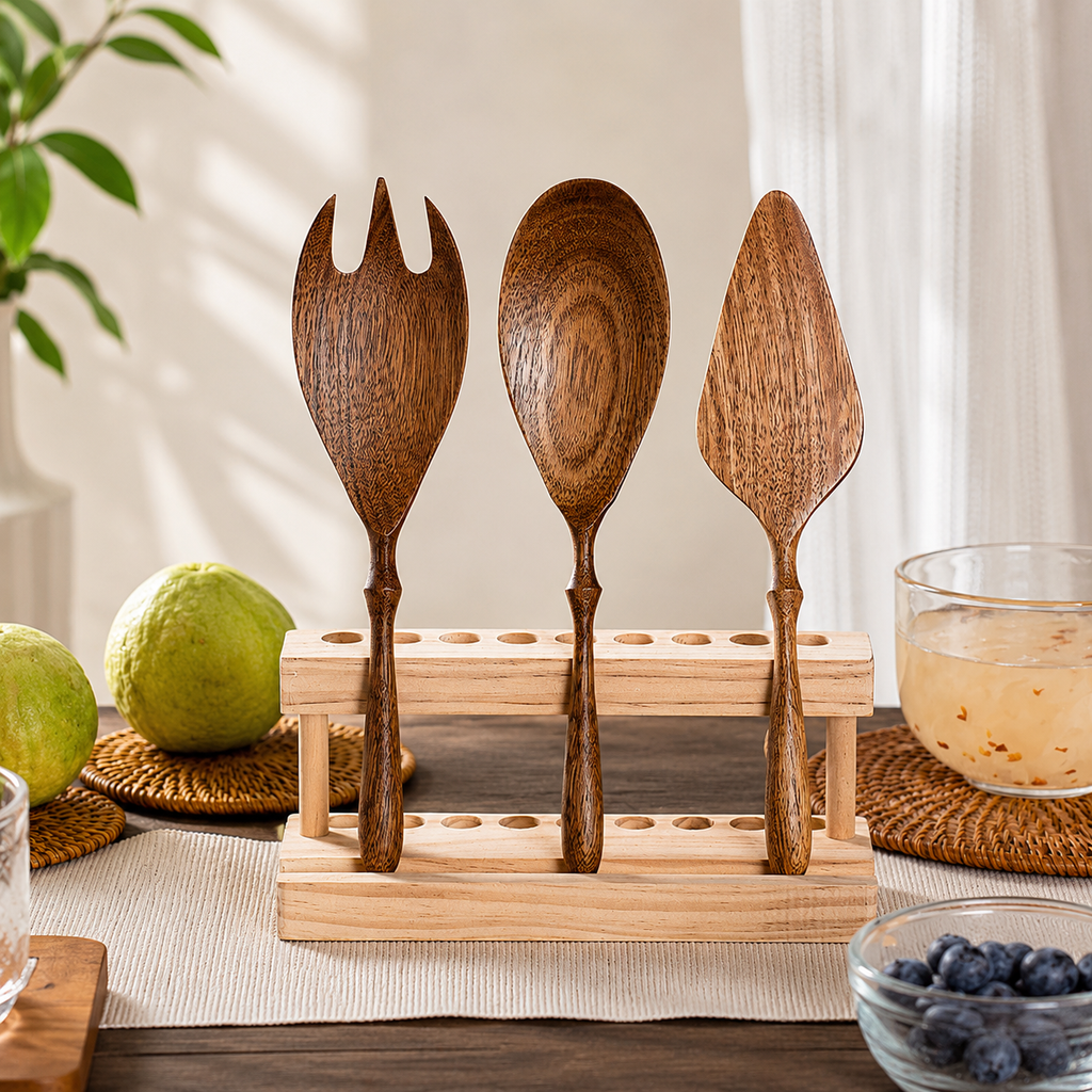 Acacia Wood Serving Spoon Set – Handcrafted Minimal Kitchen Utensils