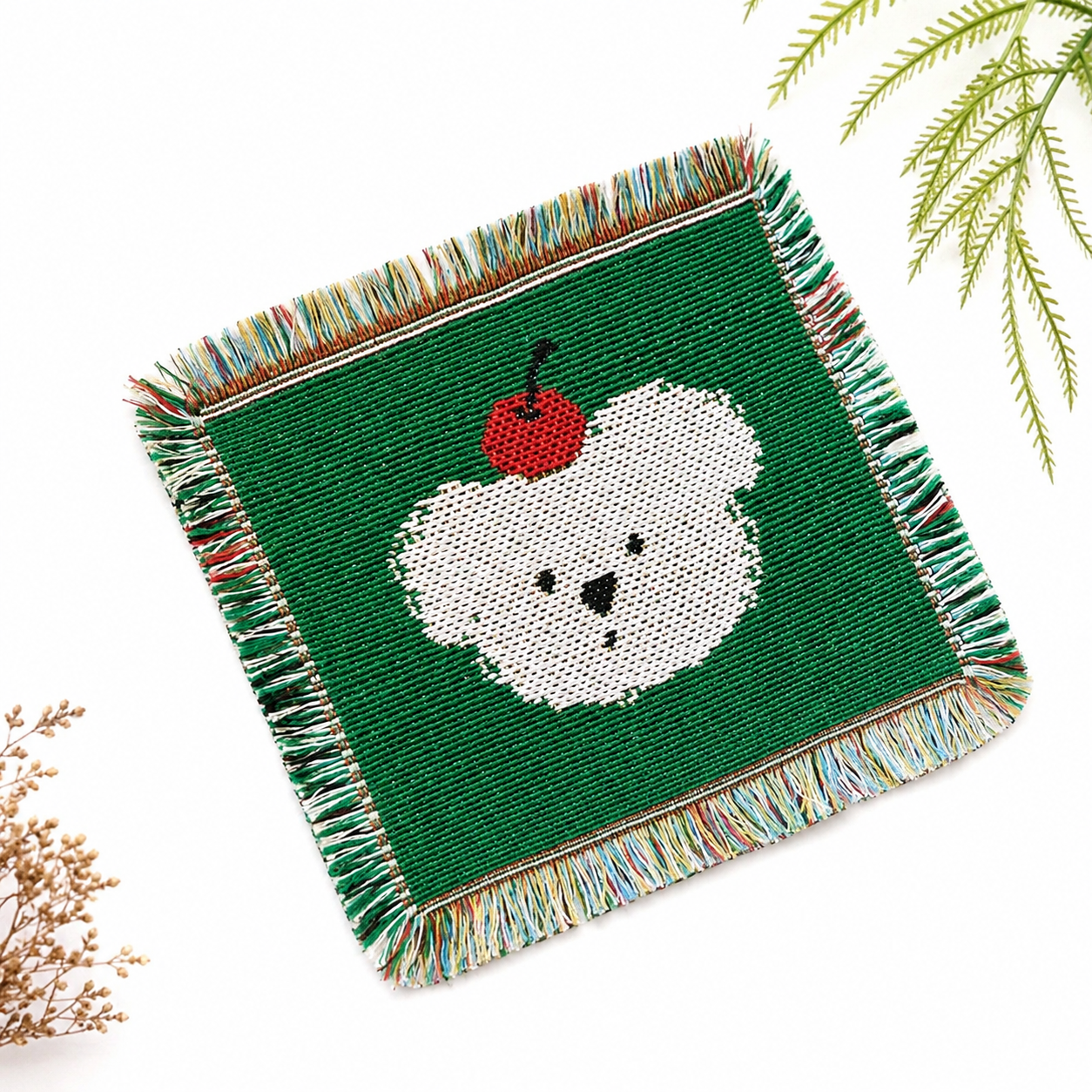 Handmade Woven Bear Coaster – Green Apple Cherry Fringe Table Mat | Cotton Woven Drink Coaster, Cute Pixel Style Home & Coffee Table Decor Gift