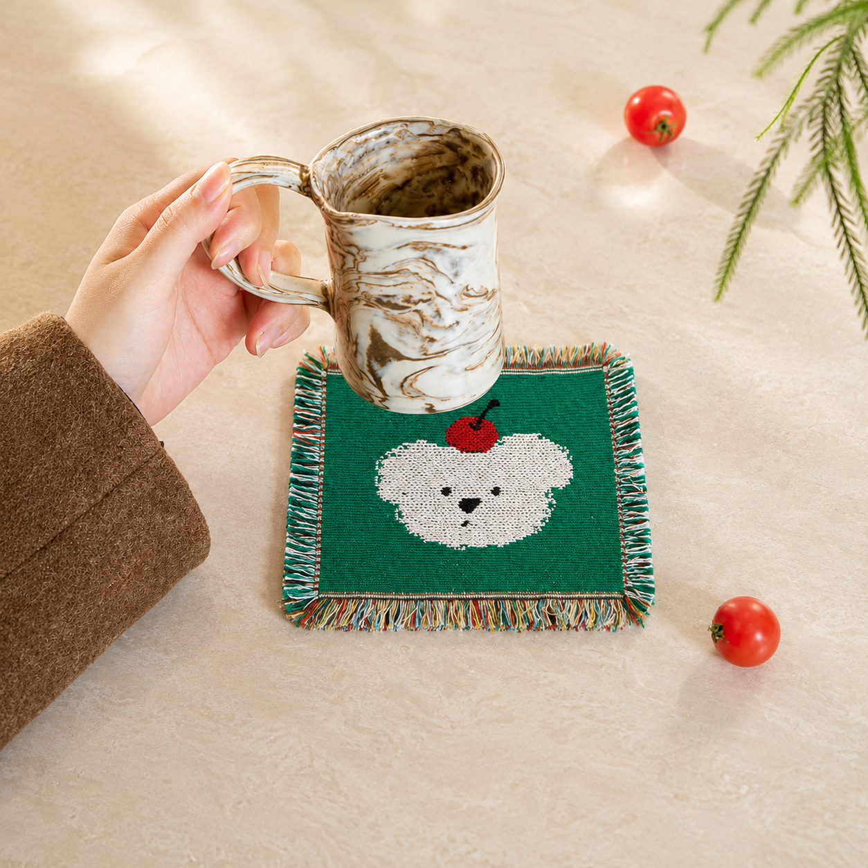Handmade Woven Bear Coaster – Green Apple Cherry Fringe Table Mat | Cotton Woven Drink Coaster, Cute Pixel Style Home & Coffee Table Decor Gift