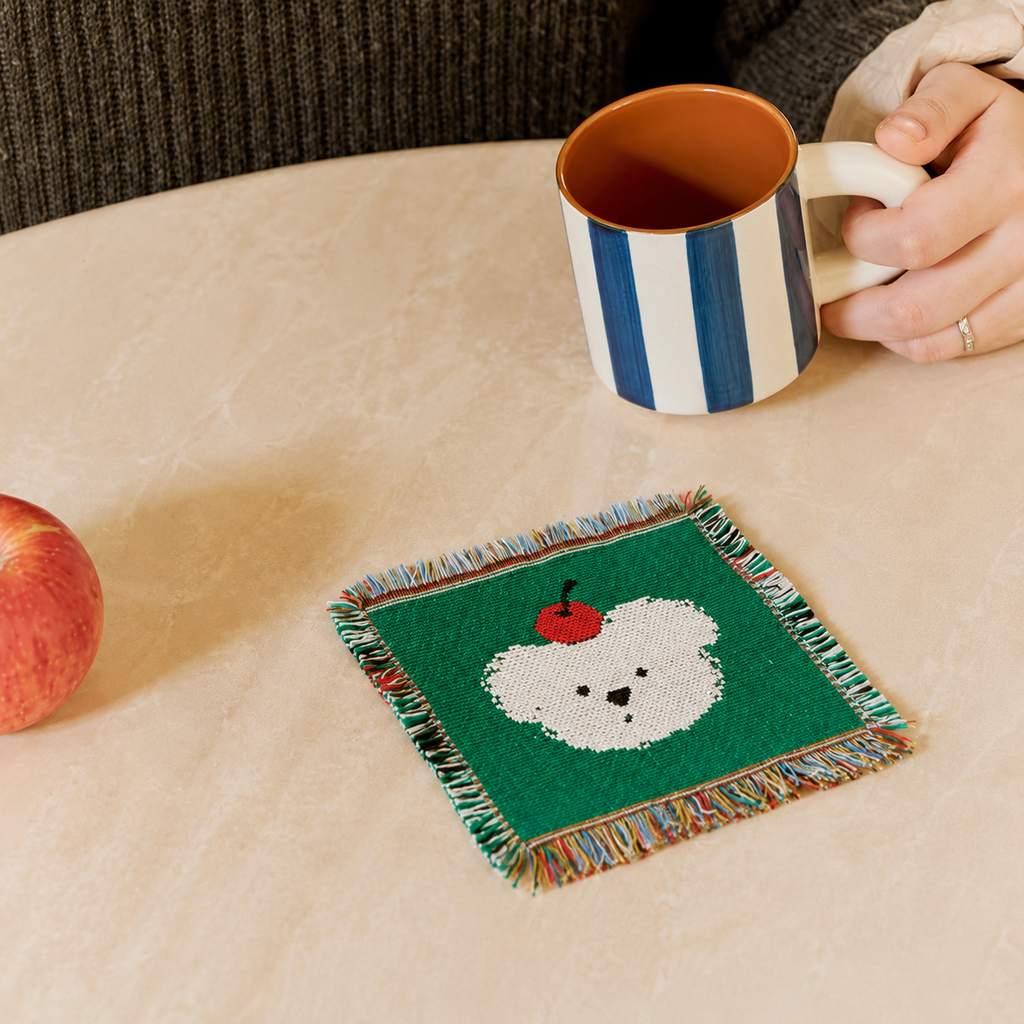 Handmade Woven Bear Coaster – Green Apple Cherry Fringe Table Mat | Cotton Woven Drink Coaster, Cute Pixel Style Home & Coffee Table Decor Gift