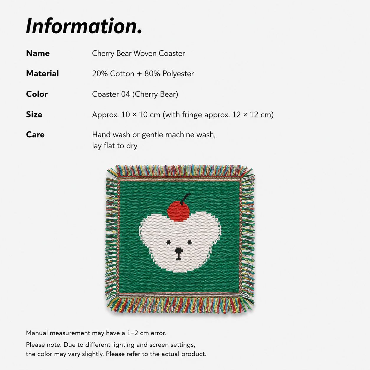 Handmade Woven Bear Coaster – Green Apple Cherry Fringe Table Mat | Cotton Woven Drink Coaster, Cute Pixel Style Home & Coffee Table Decor Gift