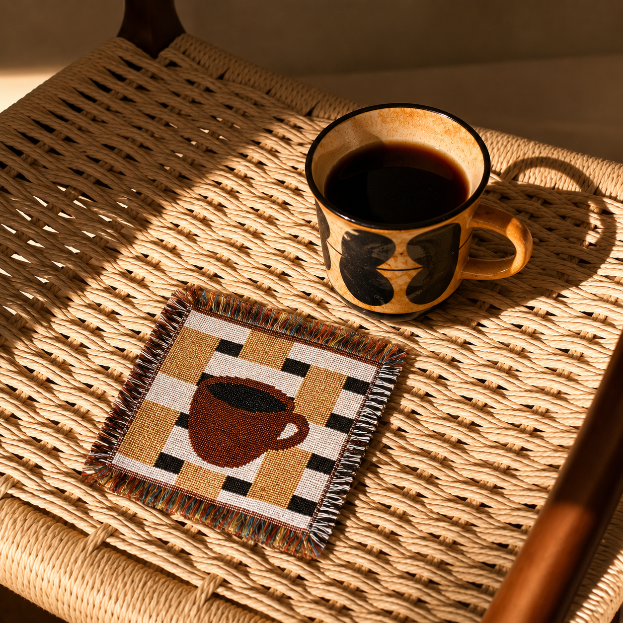 Handmade Coffee Cup Woven Coaster – Rustic Fringe Drink Mat | Cotton Blend Woven Table Decor for Coffee Bar, Kitchen & Home Styling