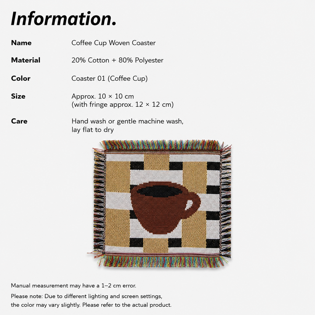 Handmade Coffee Cup Woven Coaster – Rustic Fringe Drink Mat | Cotton Blend Woven Table Decor for Coffee Bar, Kitchen & Home Styling
