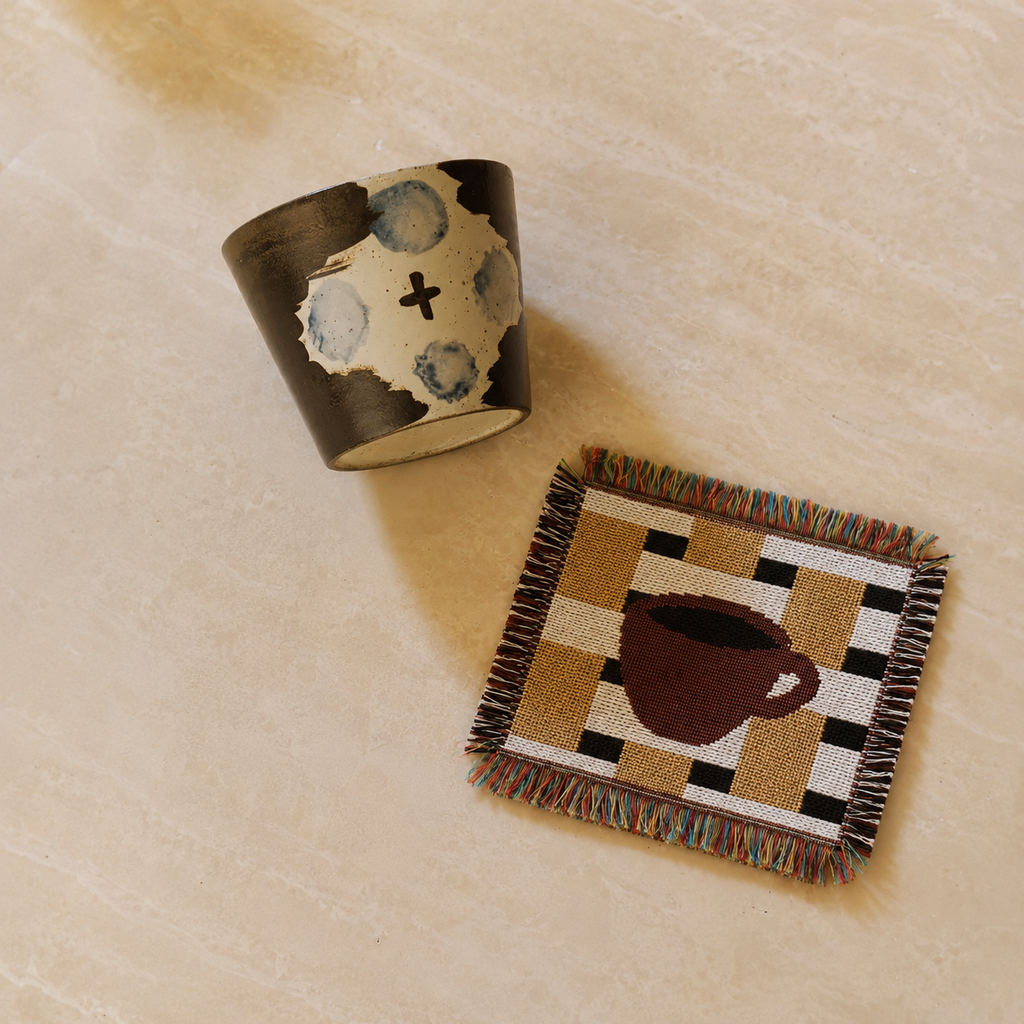 Handmade Coffee Cup Woven Coaster – Rustic Fringe Drink Mat | Cotton Blend Woven Table Decor for Coffee Bar, Kitchen & Home Styling