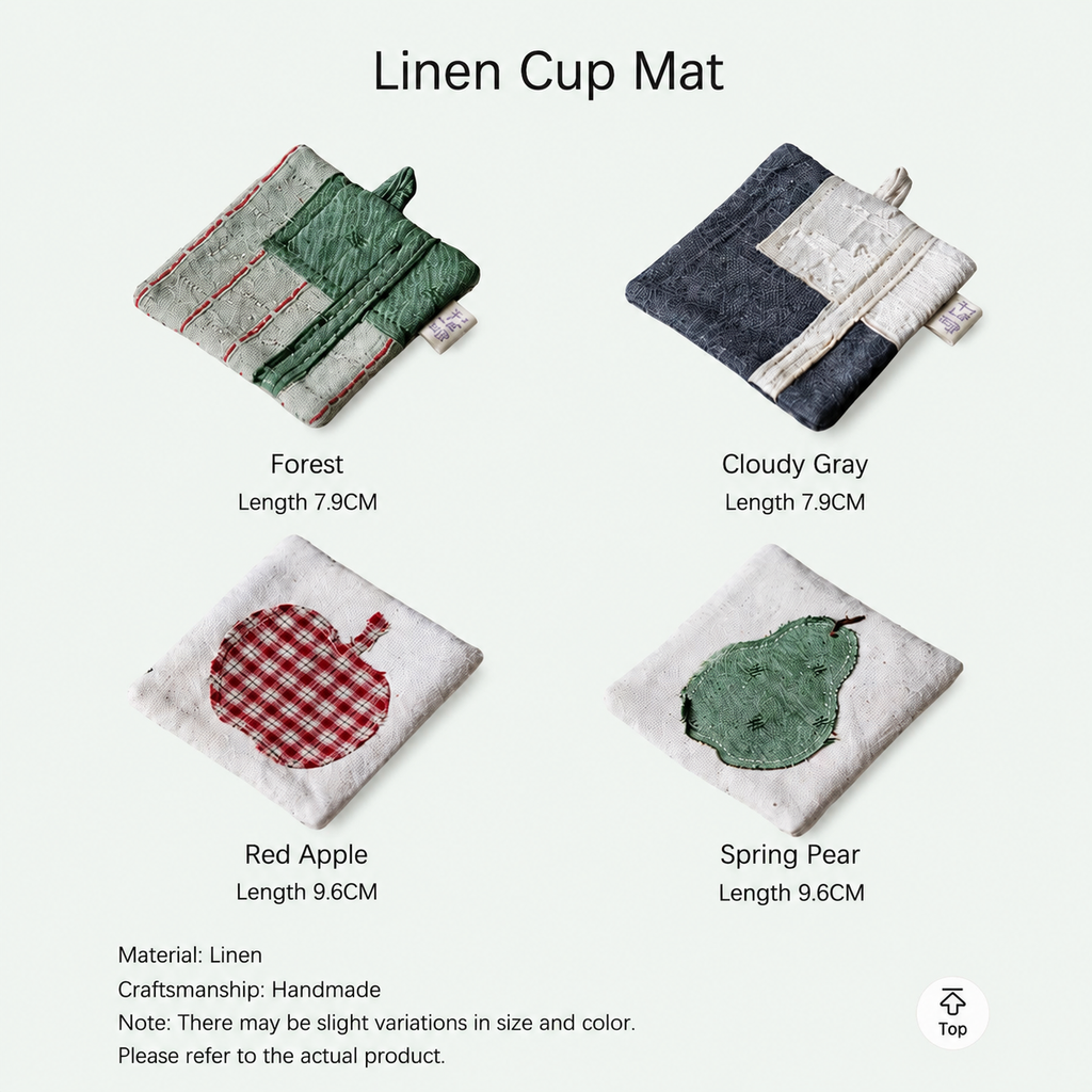 Handmade Linen Cup Mat – Rustic Fabric Drink Coaster with Apple & Pear Design | Minimalist Table Decor for Coffee Bar, Kitchen & Home