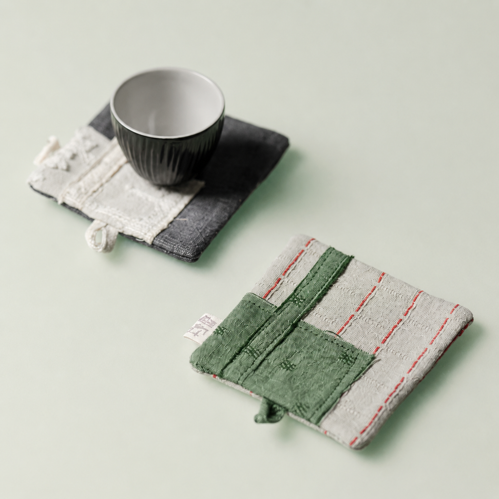 Handmade Linen Cup Mat – Rustic Fabric Drink Coaster with Apple & Pear Design | Minimalist Table Decor for Coffee Bar, Kitchen & Home
