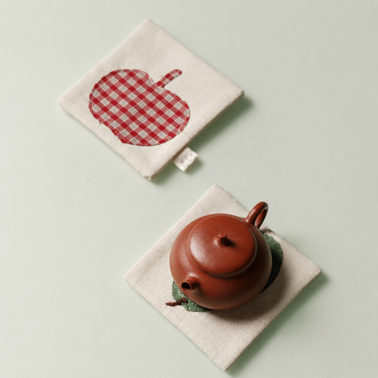 Handmade Linen Cup Mat – Rustic Fabric Drink Coaster with Apple & Pear Design | Minimalist Table Decor for Coffee Bar, Kitchen & Home
