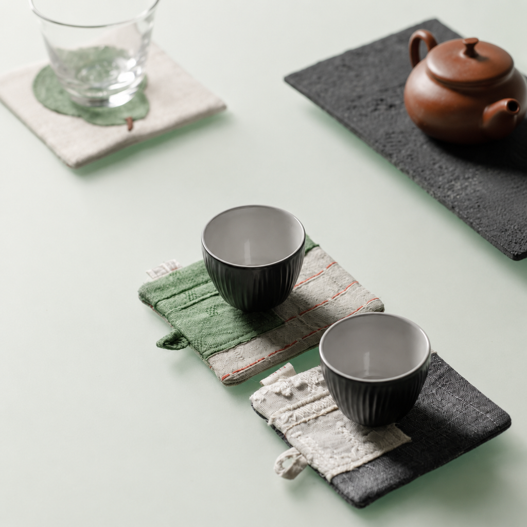 Handmade Linen Cup Mat – Rustic Fabric Drink Coaster with Apple & Pear Design | Minimalist Table Decor for Coffee Bar, Kitchen & Home