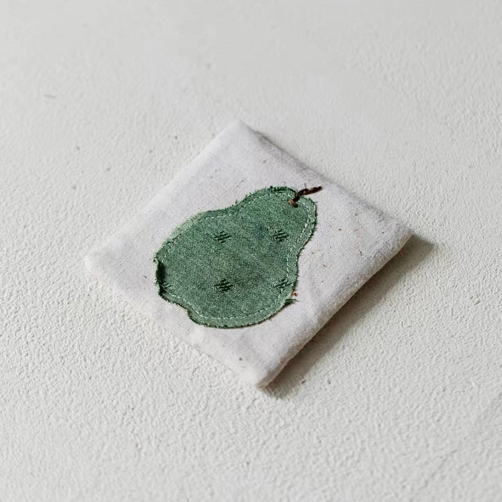 Handmade Linen Cup Mat – Rustic Fabric Drink Coaster with Apple & Pear Design | Minimalist Table Decor for Coffee Bar, Kitchen & Home