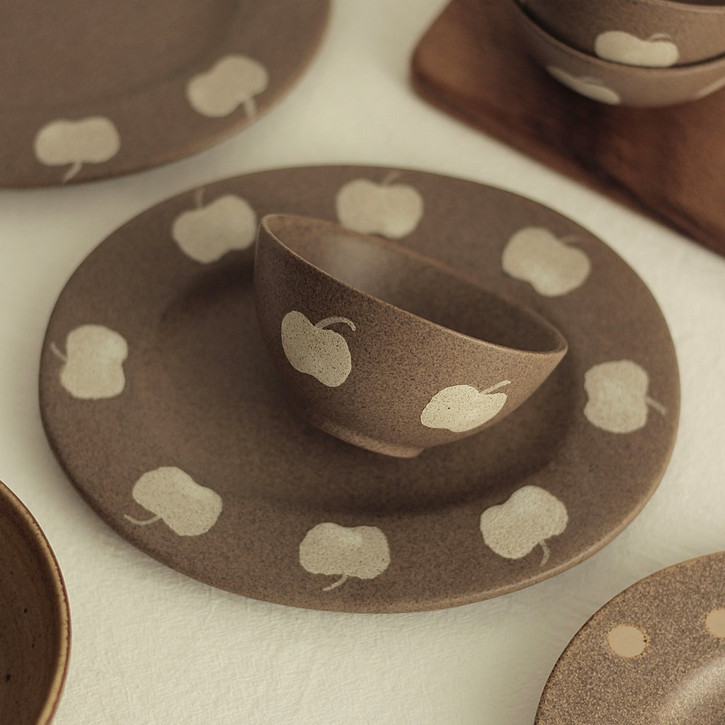 Rustic Ceramic Dinnerware Set with Apple Pattern, Japanese Style Handmade Bowl Plate Cup Set for Minimalist Kitchen Decor