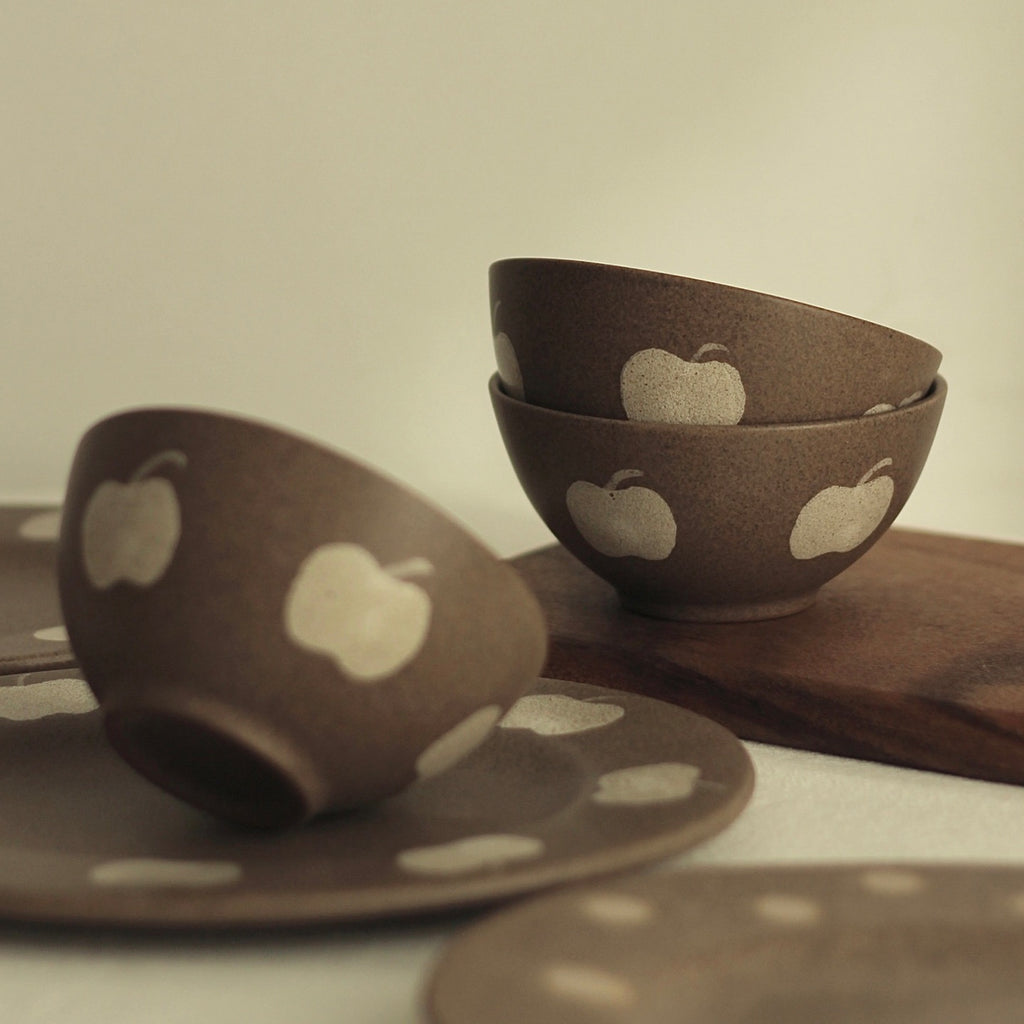 Rustic Ceramic Dinnerware Set with Apple Pattern, Japanese Style Handmade Bowl Plate Cup Set for Minimalist Kitchen Decor